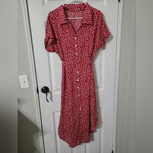 Vintage style red collared tie waist dress cute abstract floral print womens med